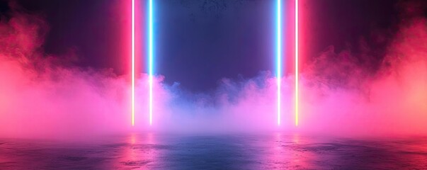 Poster - Blurred abstract background idea. Vibrant neon lights shine through colorful mist, creating a futuristic atmosphere.
