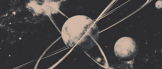 Poster - Exploring atomic symbols and radiating patterns reminiscent of the atomic age