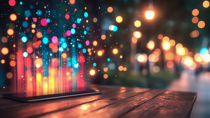 Poster - Vibrant Cityscape Night: Tablet displaying colorful light streaks and bokeh effect on wooden table, against blurred city lights background.  