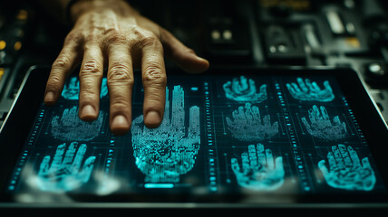 Poster - Cybersecurity and Privacy:  Close-up of a hand interacting with a futuristic interface, displaying multiple scanned fingerprints, emphasizing the concepts of digital security, privacy.