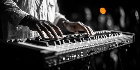 Poster - A close-up shot of a person playing the piano or keyboard, focused on the fingers and keys