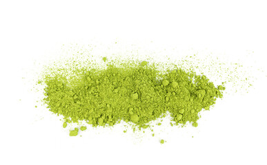 Matcha powder isolated, green tea dust pile, spirulina flour, powdered chlorella, dry extract