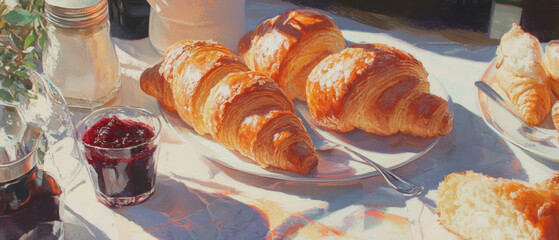 Poster - Enjoying buttery croissants with sweet jam for a delightful French breakfast