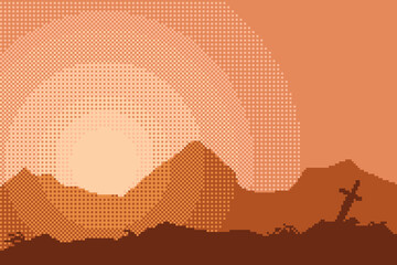 Poster - Medieval Sword on a Ground with Sunrise Light,Pixel Art Style