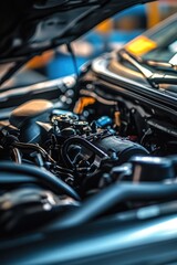 Poster - Close-up shot of a car engine with the hood open, ideal for automotive or technical use