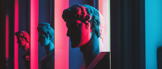 Poster - Classical statues bathed in neon light create a striking modern art display