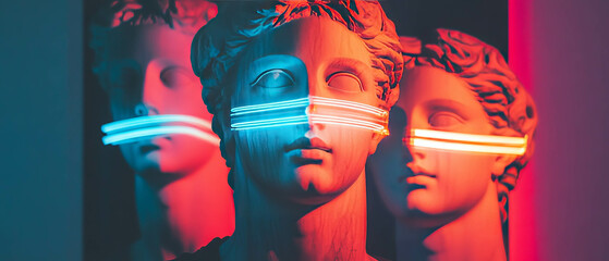 Poster - Classical statues illuminated by vibrant neon lights in modern artistic contrast
