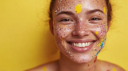 Poster - A smiling woman covered in colorful sprinkles, suitable for birthday or celebration theme