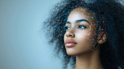 Poster - Digital Woman: A young woman with vibrant curly hair gazes thoughtfully into the distance, her face partially overlaid with a futuristic network of glowing lines and nodes.