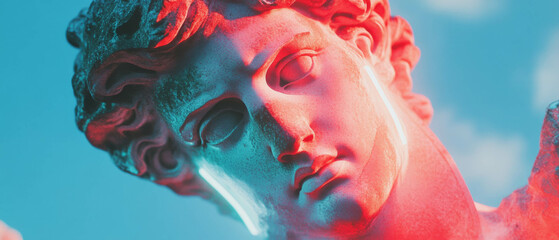 Fototapete - Close-up view of intricate statues adorned with neon details highlighting their artistry