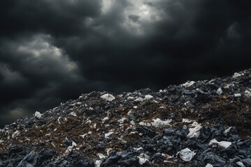 Poster - A pile of trash and waste surrounded by dark, ominous clouds