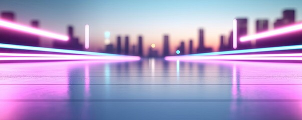 Poster - Blurred abstract background idea. Futuristic city skyline with neon lights reflecting on a smooth surface at twilight.