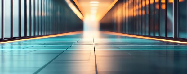 Poster - Blurred abstract background idea. A modern corridor with glowing lights and sleek flooring, creating a futuristic atmosphere.