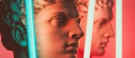 Poster - Classical sculptures illuminated by neon lights create a striking visual harmony