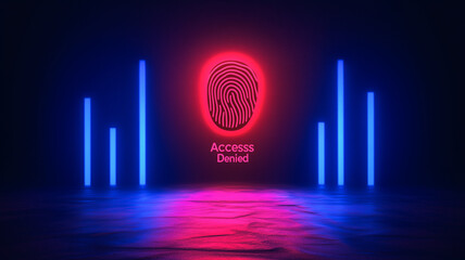 Poster - cybersecurity breach: neon fingerprint access denied