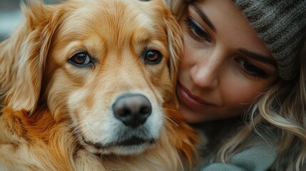 Poster - A woman cradles a dog in her arms, showcasing her affection and care for the animal