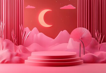 Poster - 3D rendering of a podium display with a Chinese New Year background, featuring a geometric shape and pink color theme. A red curtain wall, a moon in the night sky