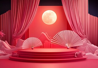 Poster - 3D rendering of a podium display with a Chinese New Year background, featuring a geometric shape and pink color theme. A red curtain wall, a moon in the night sky