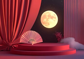 Poster - 3D rendering of a podium display with a Chinese New Year background, featuring a geometric shape and pink color theme. A red curtain wall, a moon in the night sky
