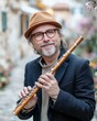 © nurman - Mature male flutist in a European city, holding his flute.  He's smiling warmly, wearing glasses and a stylish hat.