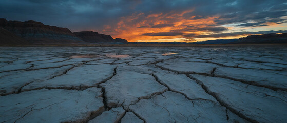 Poster - Vast cracked earth reveals dry textures in an arid landscape at sunset