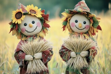 Aufkleber - Scarecrows standing amidst tall grass, great for rural scenes or abstract backgrounds
