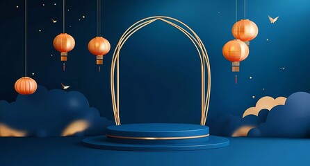 Poster - A blue podium with a golden arch and lanterns on the right side, a vector illustration of a Mid-Autumn Festival background design for a product display presentation template