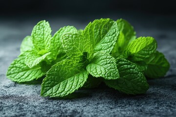 Poster - A bunch of fresh mint leaves arranged on a table, great for culinary or herbal uses