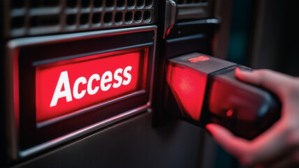 Poster - Access Granted: Hand using a device to scan and gain access through a security system, with a glowing red 