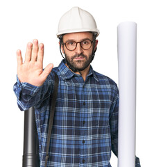 Hispanic male architect with plans standing with outstretched hand showing stop sign, preventing you.