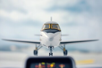 Canvas Print - A small white airplane sits on the tarmac of an airport, ready for takeoff