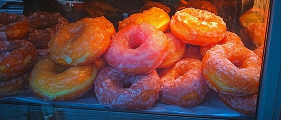 Poster - Delightful assortment of colorful glazed donuts in a bakery display case