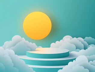 Poster - A podium with paper-cut clouds, illuminated by the light of a yellow moon in a turquoise sky, creating a minimalist and elegant scene for product display or presentation design