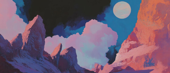Aufkleber - Dreamlike landscapes evoke surreal sensations under a luminous moonlit sky