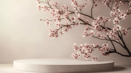 Poster - A podium with pink cherry blossoms on an oval wall, a simple and elegant background for product presentation. 