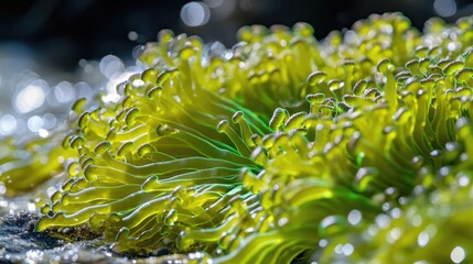 Wall Mural - A close-up view of a vibrant green sea anemone, with tentacles waving gently in the current