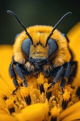 Poster - A close-up shot of a bee hovering over a bright yellow flower