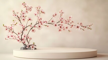 Poster - A podium with pink cherry blossoms on an oval wall, a simple and elegant background for product presentation. 
