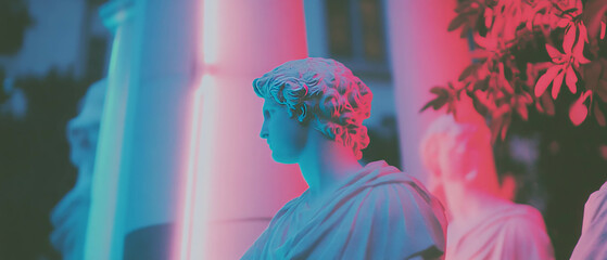 Aufkleber - Eerie neon glow illuminating statues creates a captivating night atmosphere
