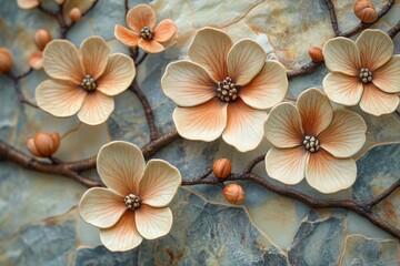 Poster - A close-up view of a bunch of flowers growing on a tree branch, with vibrant colors and delicate petals