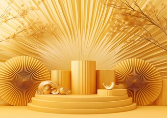 Poster - A golden circular podium with paper cut fans on the wall, minimalist background, yellow and gold color scheme, 3D rendering style, geometric decoration, circular pattern