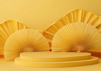 Poster - A golden circular podium with paper cut fans on the wall, minimalist background, yellow and gold color scheme, 3D rendering style, geometric decoration, circular pattern