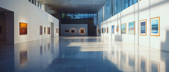 Poster - Spacious art gallery featuring empty walls and polished floors under soft natural light