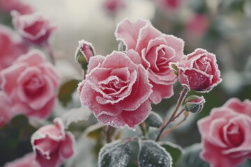 Poster - Pink roses covered in frost, perfect for winter or holiday themed images
