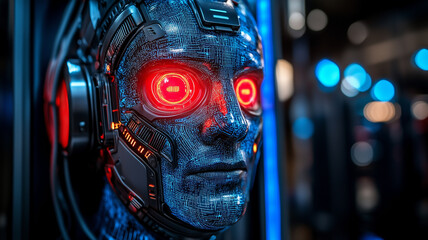 Poster - Cybernetic Gaze:  A close-up portrait of a humanoid robot with glowing red eyes, showcasing the intricate details of its metallic skin and futuristic design.