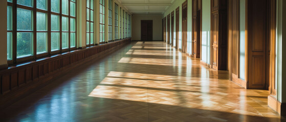 Poster - Evocative empty hallway with open doors inviting exploration and new experiences