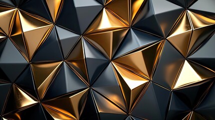 Aufkleber - Triangle abstract background concept. A close-up view of a modern geometric pattern with shiny golden and black facets.