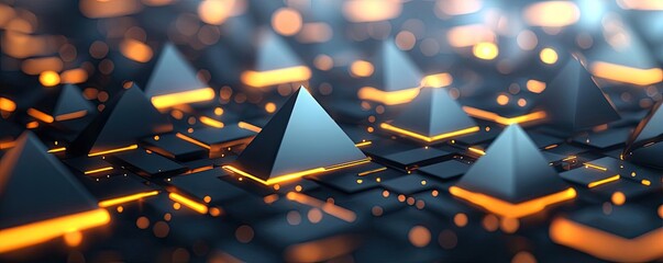 Poster - Triangle abstract background concept. Abstract geometric shapes in a futuristic digital landscape with glowing lights.