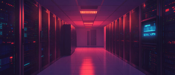 Aufkleber - Technology data center with empty rows of servers and blinking lights at night