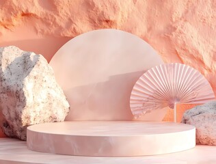 Poster - Background for product presentation, a podium with geometric shapes in a peach-colored fuzz and Chinese fans, made of stone material, 3D rendering